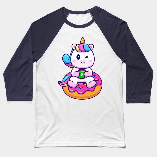 Cute Unicorn With Cofee And Doughnut Cartoon Baseball T-Shirt by Catalyst Labs